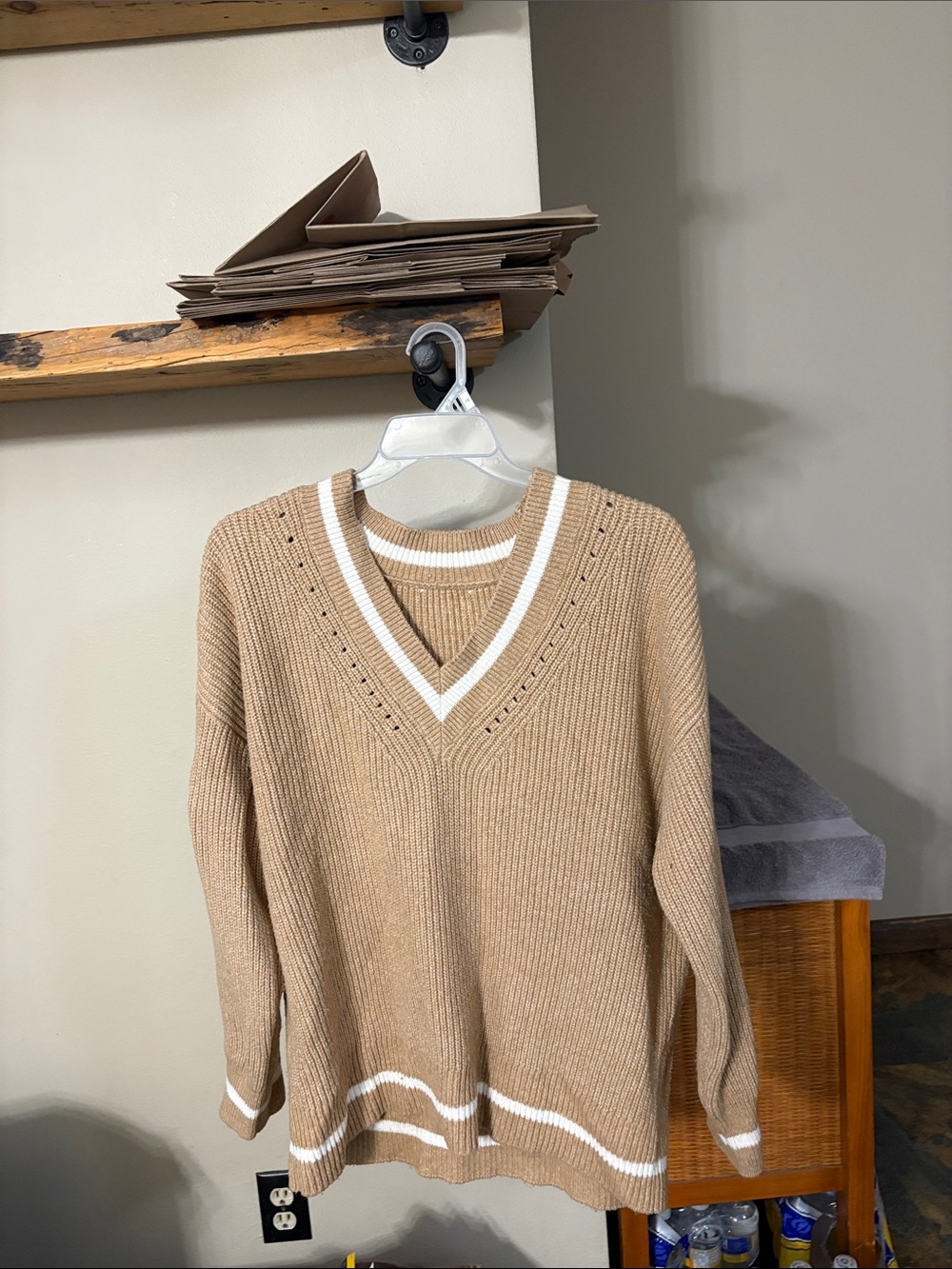 Classic V-Neck Ribbed Sweater with White Trim - Taupe